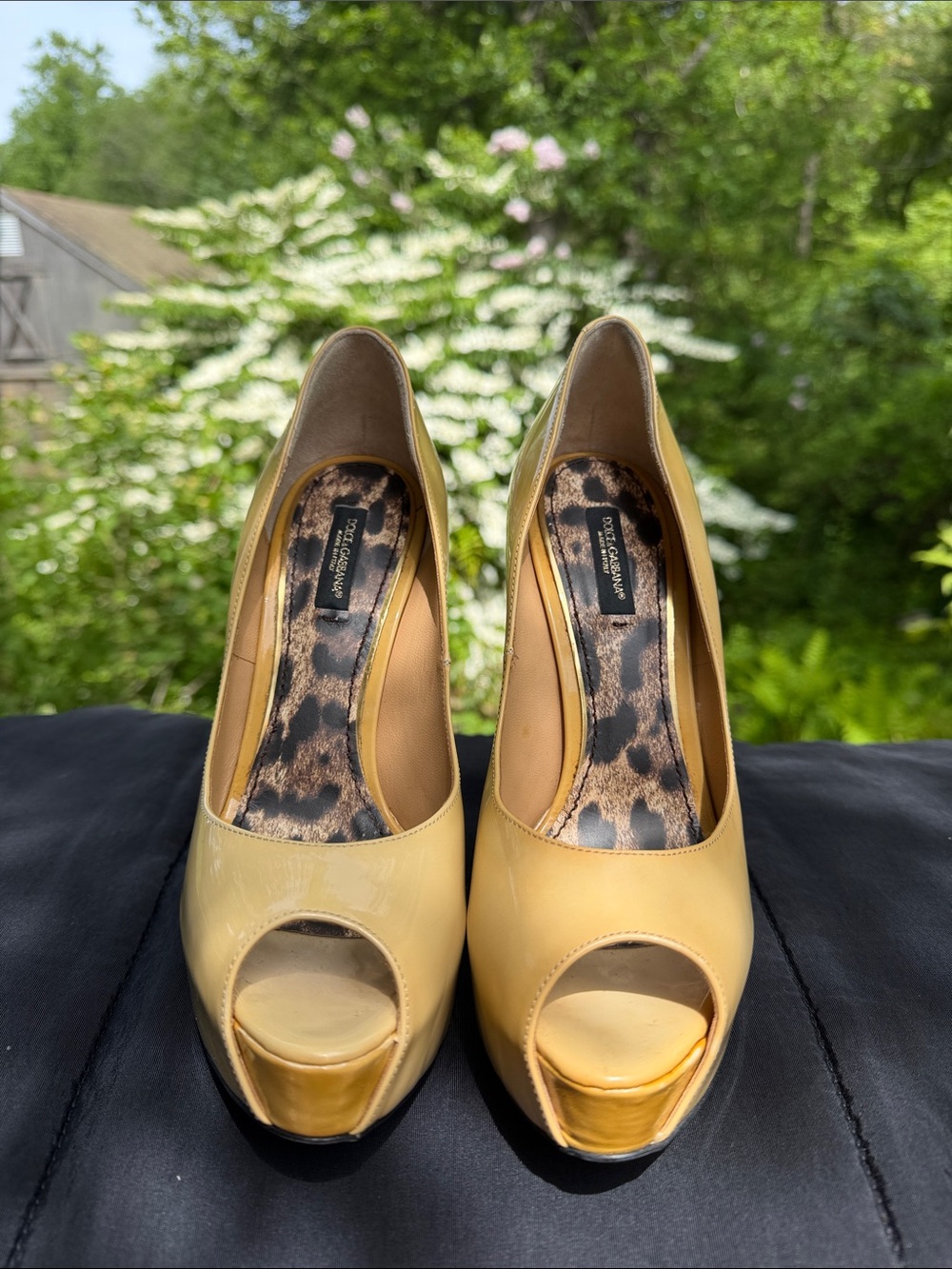EUC Dolce & Gabbana Beige Patent Leather Peep-Toe Pumps